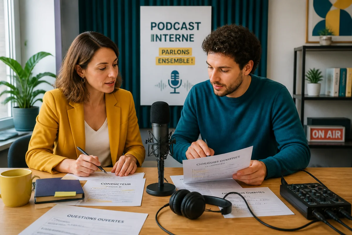 Deux collaborateurs préparent un podcast interne d’entreprise avec conducteur, questions ouvertes et microphone professionnel.