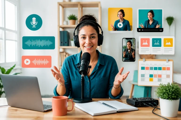 Créatrice de podcast de marque devant un microphone, déclinant un épisode en vidéos, publications et contenus numériques variés