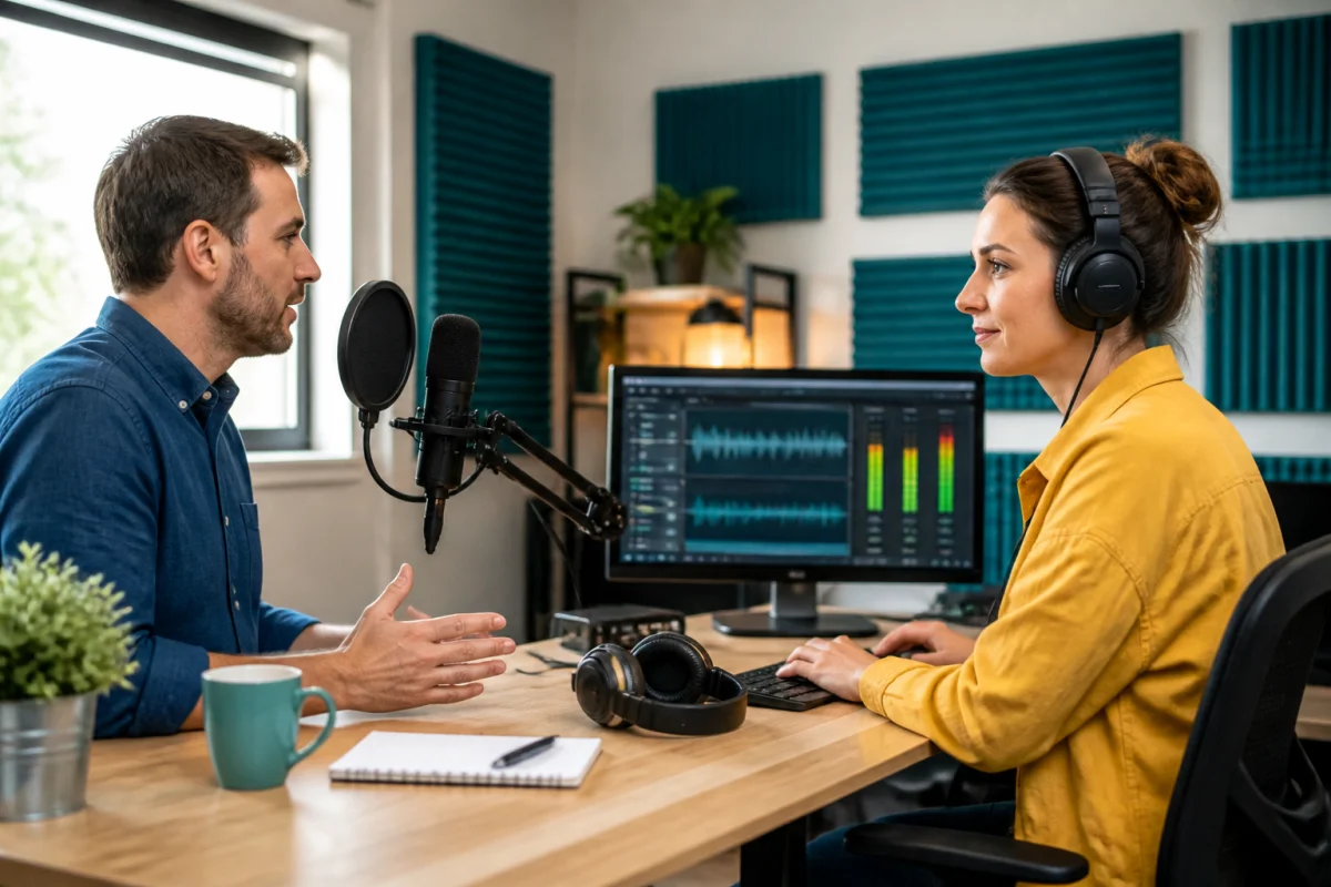 Ingénieure du son contrôlant un podcast de marque entreprise avec un intervenant, microphone professionnel et niveaux audio affichés