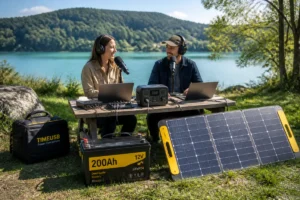 Équipe de podcast de marque en tournage extérieur, avec micros, ordinateur portable, batterie et panneau solaire portable