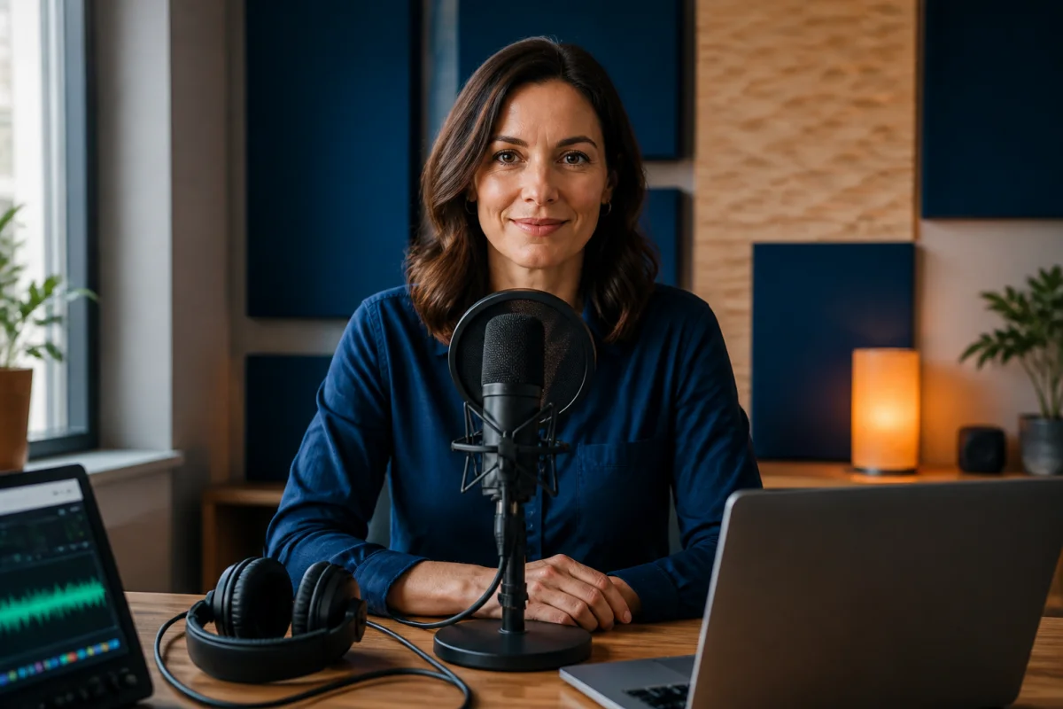 Professionnelle enregistrant un podcast de marque entreprise dans un studio chaleureux avec microphone et équipement audio professionnel