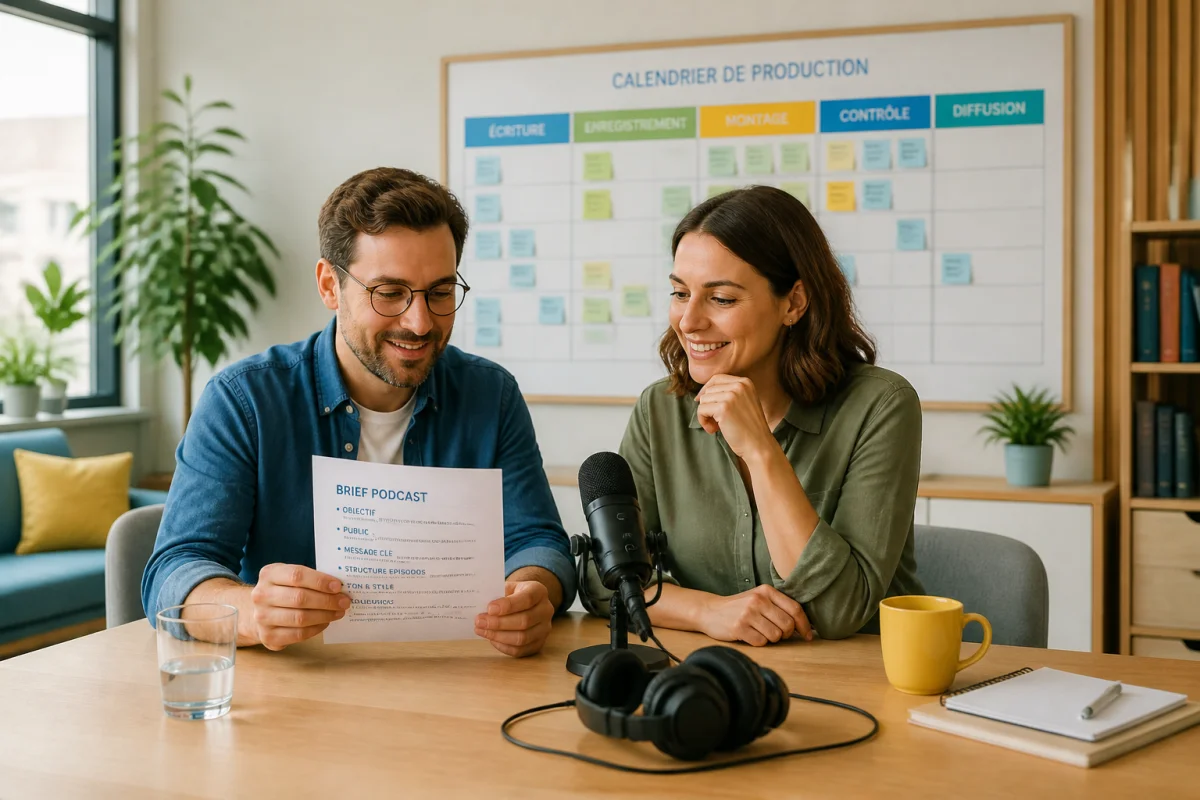 Deux professionnels préparent un podcast de marque pour entreprises avec brief, microphone et casque audio en studio.