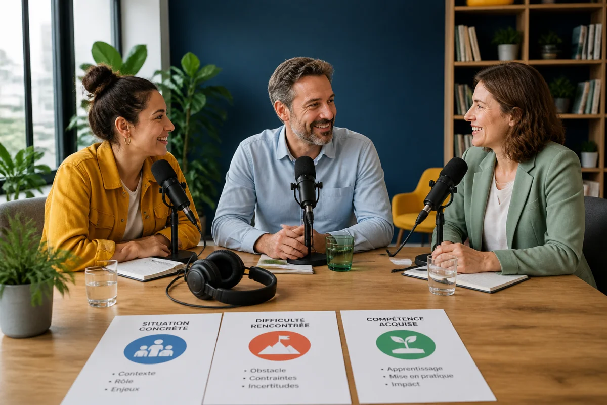 Podcast de recrutement en entreprise avec trois intervenants échangeant autour de parcours professionnels en studio moderne