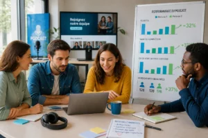 Équipe de recrutement analysant les performances d’un podcast de recrutement en entreprise sur un tableau de bord
