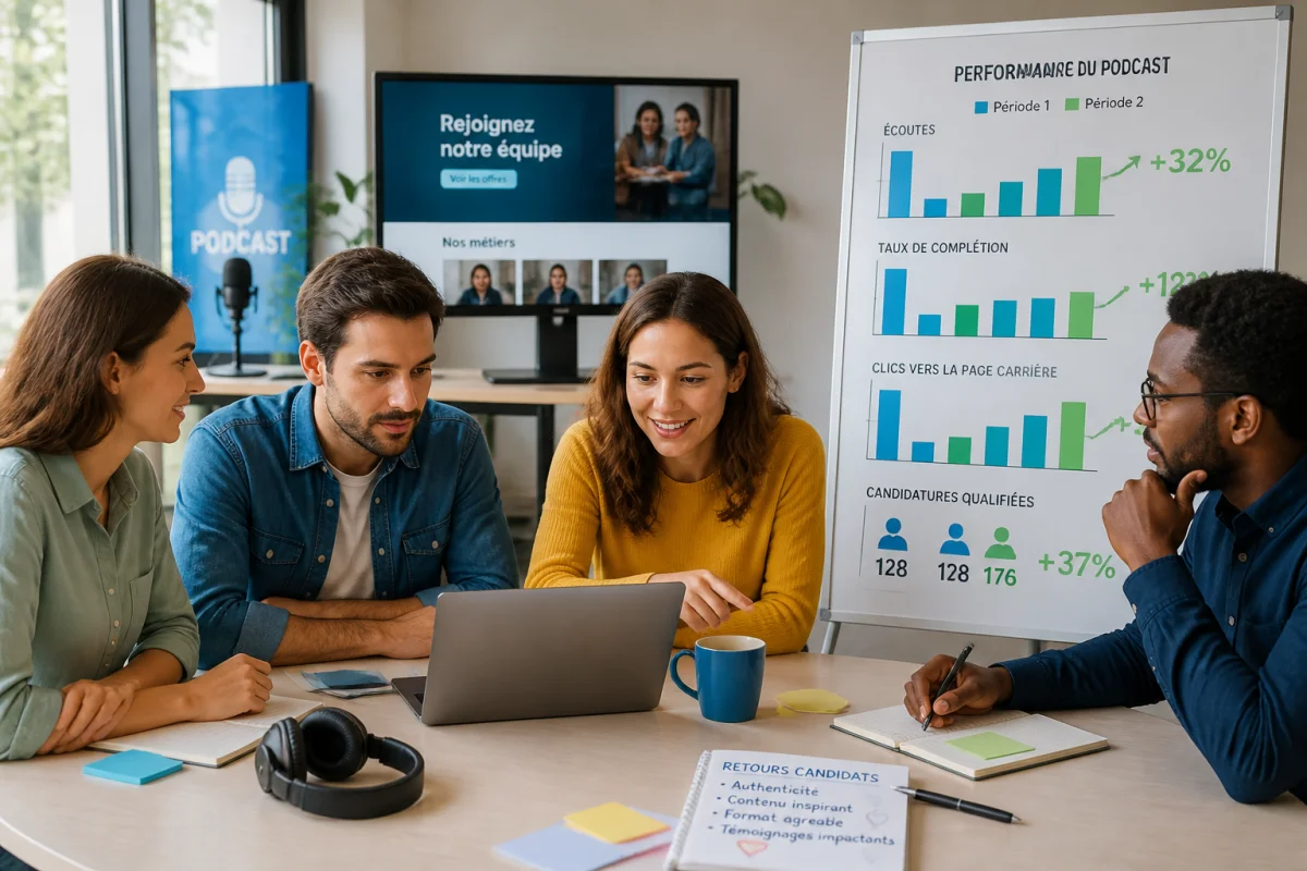 Équipe de recrutement analysant les performances d’un podcast de recrutement en entreprise sur un tableau de bord