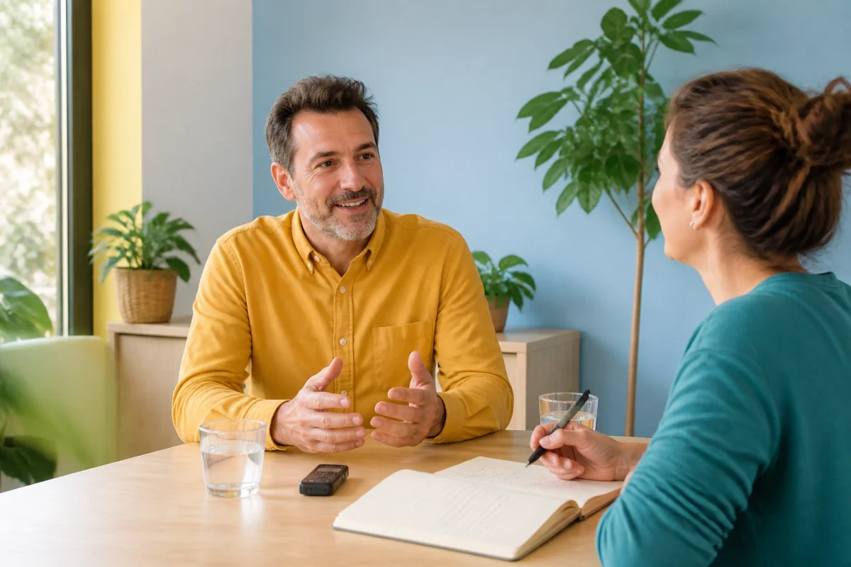 Client détendu répondant naturellement à une interview de témoignage face à une interlocutrice attentive dans un espace chaleureux