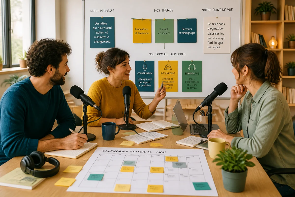 Équipe éditoriale préparant la ligne éditoriale d’un podcast de marque entreprise en studio professionnel.