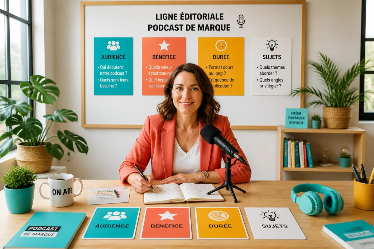 Professionnelle présentant une stratégie de contenu audio de marque autour d’un podcast, avec microphone, casque et piliers éditoriaux.