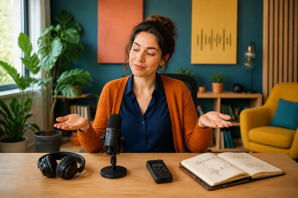 Créatrice audio en studio, choisissant une stratégie de contenu audio de marque entre casque, microphone et carnet narratif.