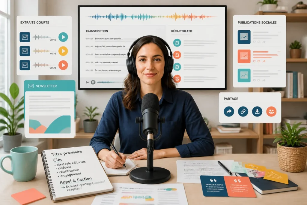 Professionnelle élaborant une stratégie de contenu audio de marque au microphone, déclinant un épisode en formats éditoriaux variés