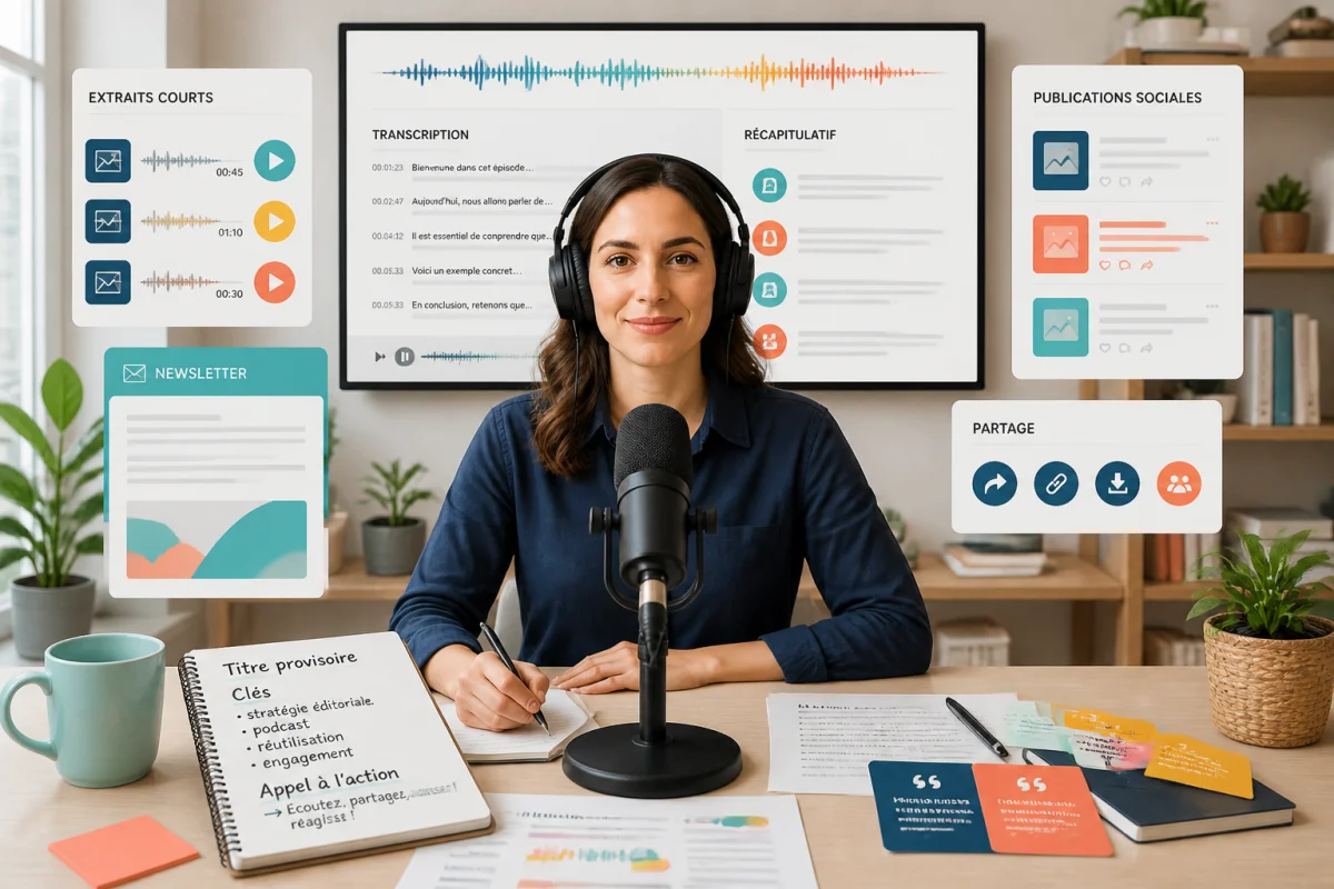 Professionnelle élaborant une stratégie de contenu audio de marque au microphone, déclinant un épisode en formats éditoriaux variés