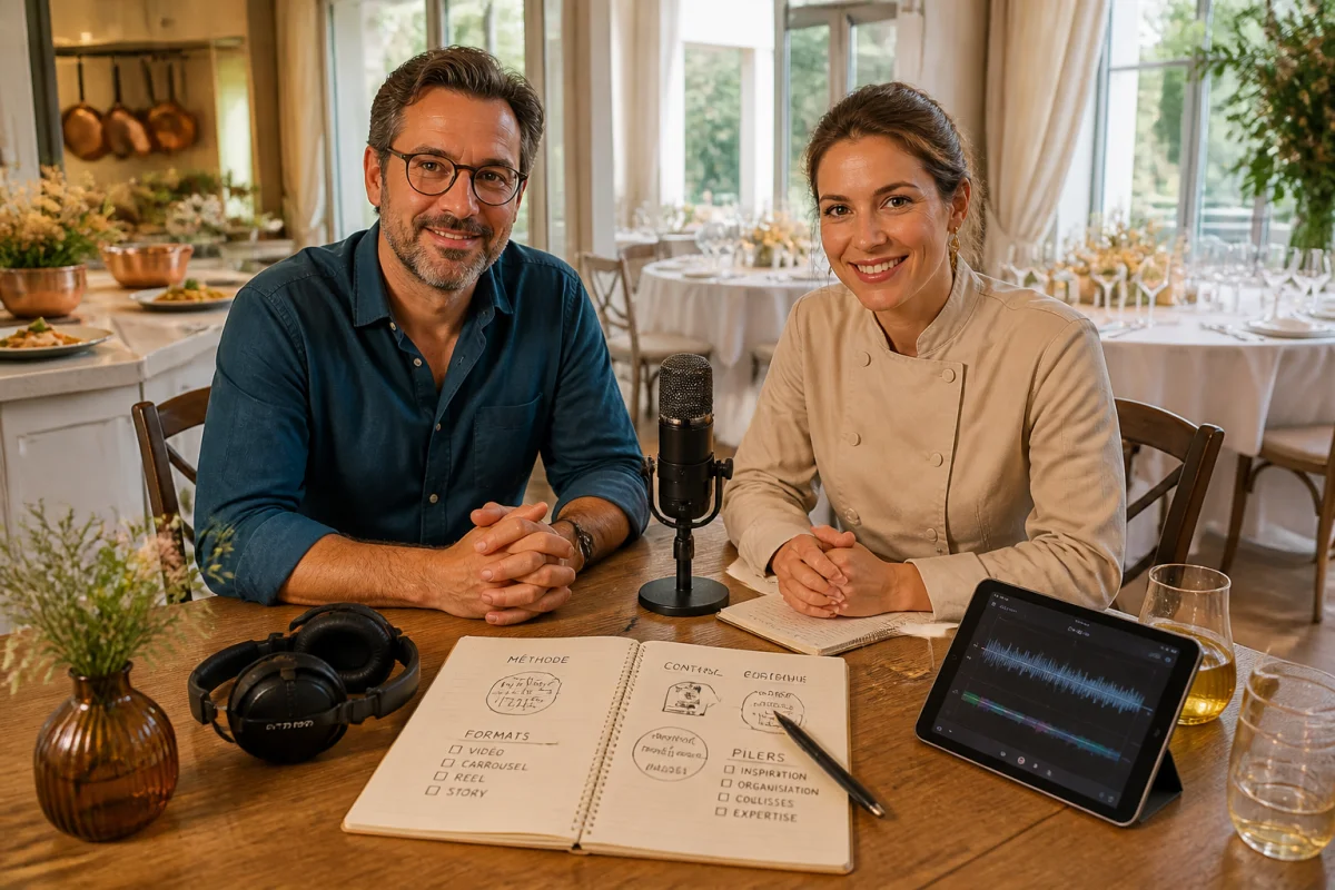 Deux professionnels enregistrent un podcast sur une stratégie de contenu de marque, entourés d’accessoires culinaires.