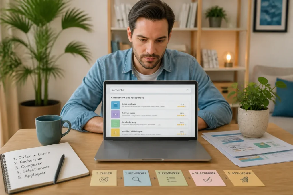 Personne utilisant un ordinateur portable pour trouver et classer des ressources utiles en ligne avec Swiris