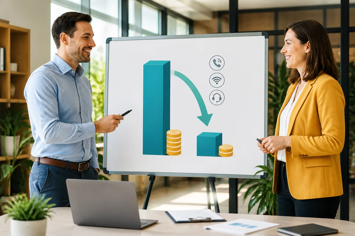 Témoignages clients Free Pro XPR illustrant une baisse des coûts de télécommunication dans un bureau professionnel