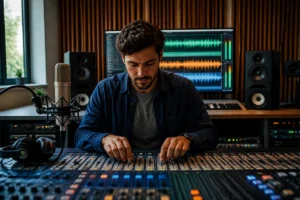 Ingénieur du son ajustant une voix enregistrée sur console audio, illustrant la voix de marque et l’identité sonore