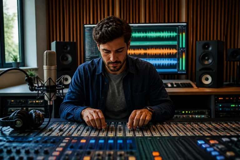 Ingénieur du son ajustant une voix enregistrée sur console audio, illustrant la voix de marque et l’identité sonore